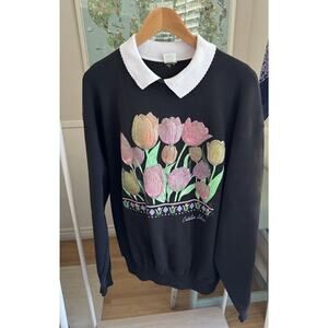 Vtg Collar Sweatshirt XL Puffy Glitter Tulip Catalina Grandma Cottage Core 90s